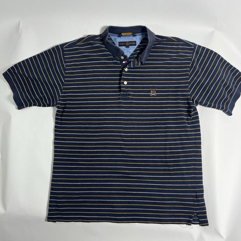 VTG Tommy Hilfiger Golf Men's L Regular Polo Shirt Navy Striped S/S Cotton Logo